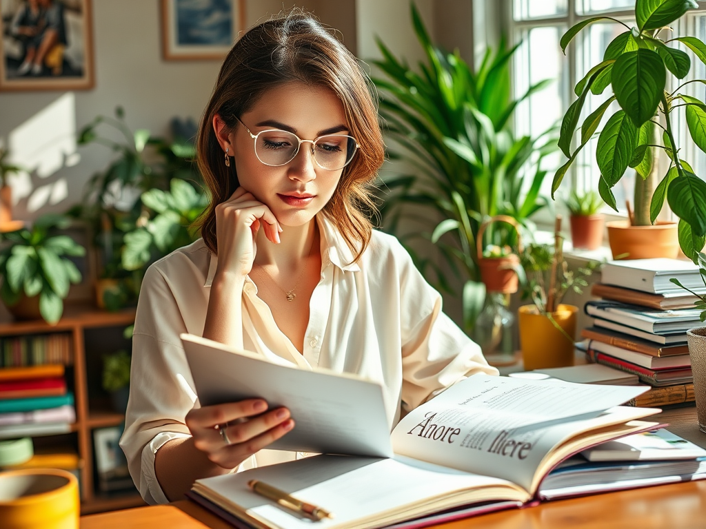 Молодая женщина в очках читает книгу в уютной комнате с растениями и книгами вокруг.